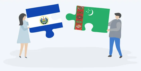 Paar Houden Twee Puzzels Stukken Met Salvadoraanse Turkmeense Vlaggen Salvador — Stockvector