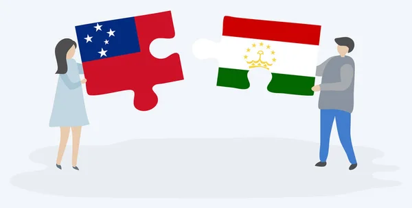 Couple Holding Two Puzzles Pieces Samoan Tajikistani Flags Samoa Tajikistan — Stock Vector