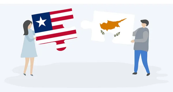 Pareja Sosteniendo Dos Piezas Rompecabezas Con Banderas Liberia Chipre Liberia — Vector de stock