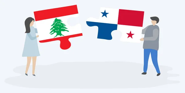 Couple Holding Two Puzzles Pieces Lebanese Panamanian Flags Lebanon Panama — Stock Vector