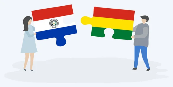 Paar Houden Twee Puzzels Stukken Met Paraguayaanse Boliviaanse Vlaggen Paraguay — Stockvector