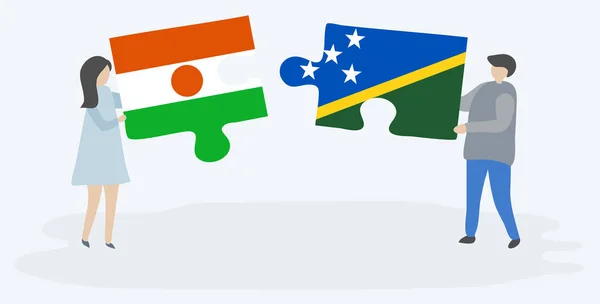 Пара Держащая Две Головоломки Флагами Нигера Соломона Государственные Символы Нигера — стоковый вектор