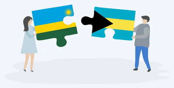 Couple Holding Two Puzzles Pieces Rwandan Bahamian Flags Rwanda Bahamas — Stock Vector