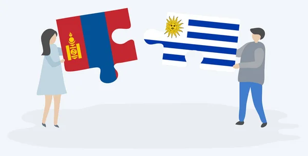 Couple Holding Two Puzzles Pieces Mongolian Uruguayan Flags Mongolia Uruguay — Stock Vector