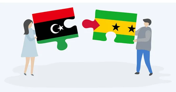 Libya Sao Tomean Bayrakları Ile Iki Bulmaca Parçaları Tutan Çift — Stok Vektör