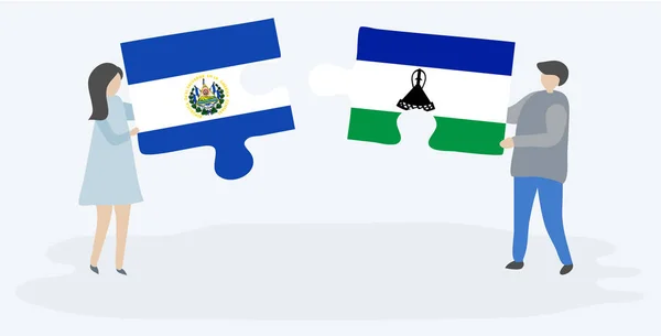 Paar Houden Twee Puzzels Stukken Met Salvadoraanse Basotho Vlaggen Salvador — Stockvector