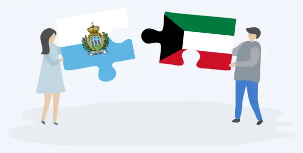 Pareja Sosteniendo Dos Piezas Rompecabezas Con Banderas Sammarinese Kuwaiti San — Vector de stock