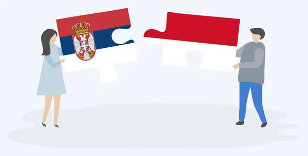 Casal Segurando Duas Peças Quebra Cabeças Com Bandeiras Sérvias Monegascos — Vetor de Stock