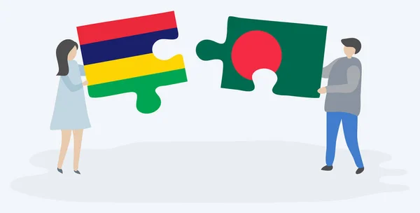 Ζευγάρι Που Κρατά Δύο Κομμάτια Παζλ Σημαίες Μαυρικίου Και Μπαγκλαντές — Διανυσματικό Αρχείο