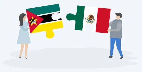 Par Som Innehar Två Pusselbitar Med Mozambican Och Mexikanska Flaggor — Stock vektor