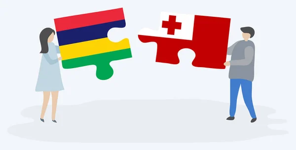 Ζευγάρι Που Κρατά Δύο Κομμάτια Παζλ Σημαίες Μαυρικίου Και Τονγκανικά — Διανυσματικό Αρχείο