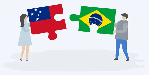 Couple Tenant Deux Pièces Puzzles Avec Des Drapeaux Samoan Brésilien — Image vectorielle