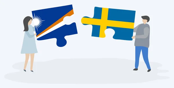 Couple Tenant Deux Pièces Puzzles Avec Des Drapeaux Marshallais Suédois — Image vectorielle