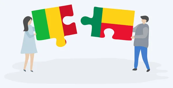 Couple Tenant Deux Pièces Puzzles Avec Des Drapeaux Maliens Béninois — Image vectorielle