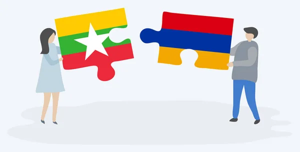 Ζευγάρι Που Κρατά Δύο Κομμάτια Παζλ Βιρμανικές Και Αρμενικές Σημαίες — Διανυσματικό Αρχείο