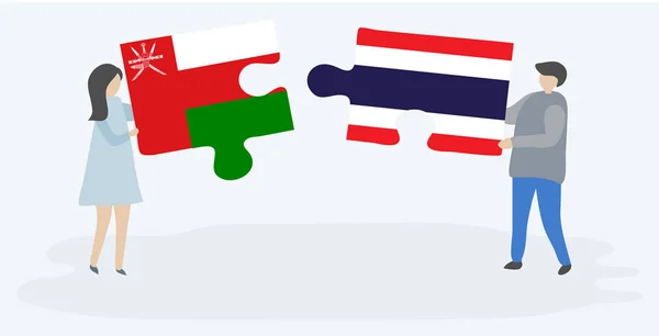 Para Trzyma Dwa Kawałki Puzzli Omani Flagi Tajski Oman Tajlandia — Wektor stockowy
