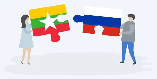 Paar Mit Zwei Puzzleteilen Mit Burmesischen Und Russischen Flaggen Myanmar — Stockvektor