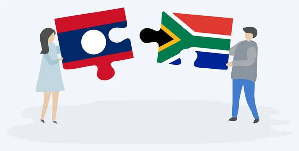 Paar Houden Twee Puzzels Stukken Met Lao Zuid Afrikaanse Vlaggen — Stockvector