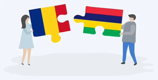 Para Trzyma Dwa Kawałki Puzzli Rumuńskimi Maurytyjskiej Flagi Symbole Narodowe — Wektor stockowy