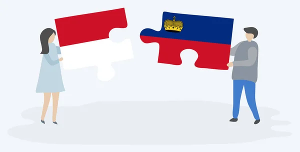 Pareja Sosteniendo Dos Piezas Rompecabezas Con Banderas Monegasque Liechtenstein Mónaco — Vector de stock
