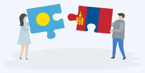 Pár Jich Drží Dvě Skládanky Vlajkami Palauan Mongolsky Národní Symboly — Stockový vektor
