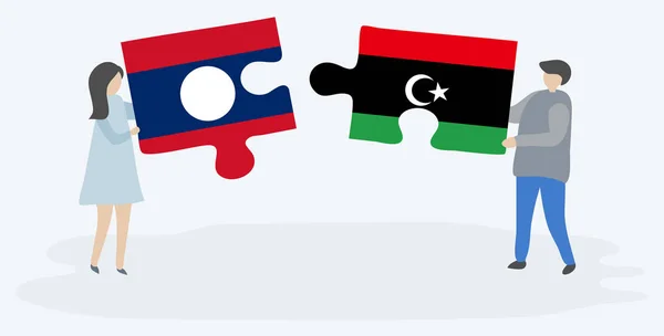 Couple Tenant Deux Pièces Puzzles Avec Des Drapeaux Lao Libyen — Image vectorielle