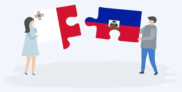 Pareja Sosteniendo Dos Piezas Rompecabezas Con Banderas Maltesas Haitianas Malta — Vector de stock