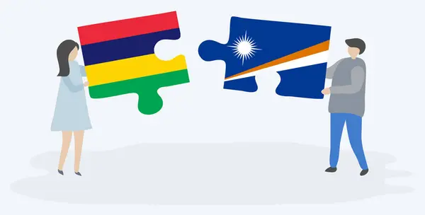 Casal Segurando Duas Peças Quebra Cabeças Com Bandeiras Maurícias Marshallese — Vetor de Stock