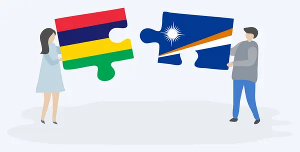 Couple Tenant Deux Pièces Puzzles Avec Des Drapeaux Mauricien Maréchal — Image vectorielle