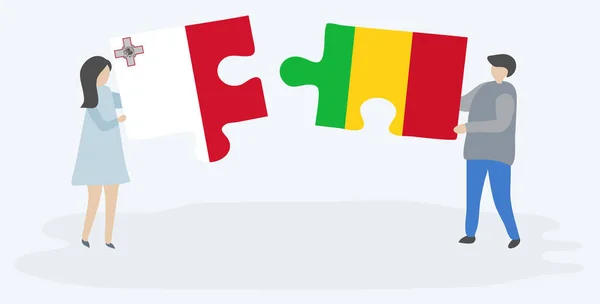 Casal Segurando Duas Peças Quebra Cabeças Com Bandeiras Maltesas Malianas —  Vetores de Stock