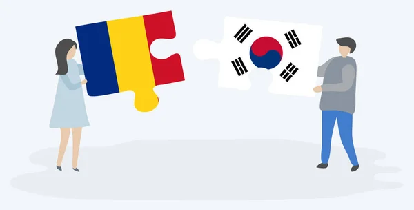 Paar Houden Van Twee Puzzels Stukken Met Roemeense Zuid Koreaanse — Stockvector
