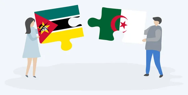Couple Tenant Deux Pièces Puzzles Avec Des Drapeaux Mozambicains Algériens — Image vectorielle