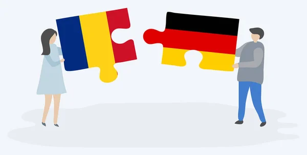 Couple Tenant Deux Pièces Puzzles Avec Des Drapeaux Roumains Allemands — Image vectorielle