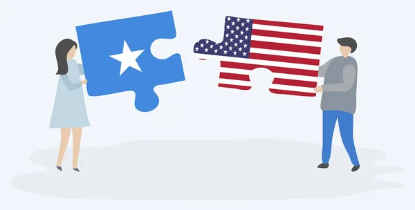 Casal Segurando Duas Peças Quebra Cabeças Com Bandeiras Somalis Americanas — Vetor de Stock