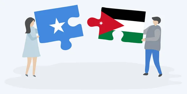 Casal Segurando Duas Peças Quebra Cabeças Com Bandeiras Somalis Jordanianas —  Vetores de Stock