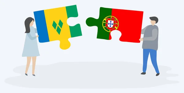 Paar Houden Twee Puzzels Stukken Met Vincentian Portugese Vlaggen Saint — Stockvector