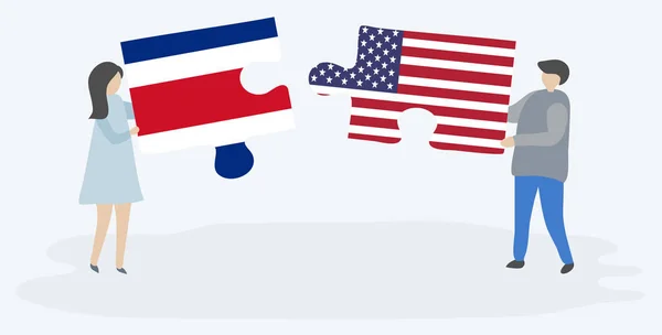 Couple Tenant Deux Pièces Puzzles Avec Des Drapeaux Costaricains Américains — Image vectorielle