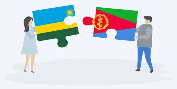 Pareja Sosteniendo Dos Piezas Rompecabezas Con Banderas Ruandesas Eritreas Ruanda — Vector de stock