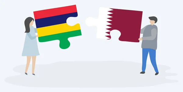 Paar Houden Twee Puzzels Stukken Met Mauritiaanse Qatari Vlaggen Mauritius — Stockvector