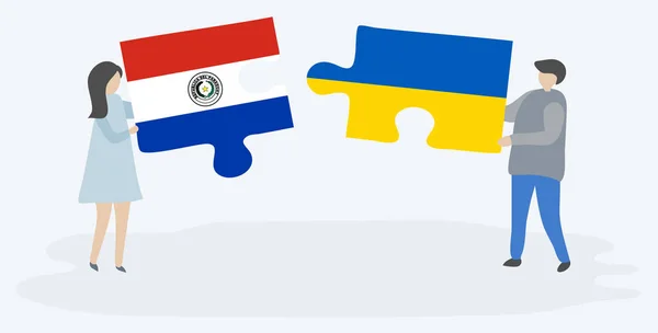 Couple Tenant Deux Pièces Puzzles Avec Des Drapeaux Paraguayens Ukrainiens — Image vectorielle