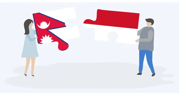 Para Trzyma Dwa Kawałki Puzzli Nepalskim Indonezyjskich Flag Nepal Indonezji — Wektor stockowy