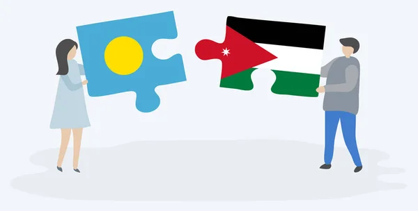 Paar Houden Twee Puzzels Stukken Met Palauan Jordaanse Vlaggen Palau — Stockvector