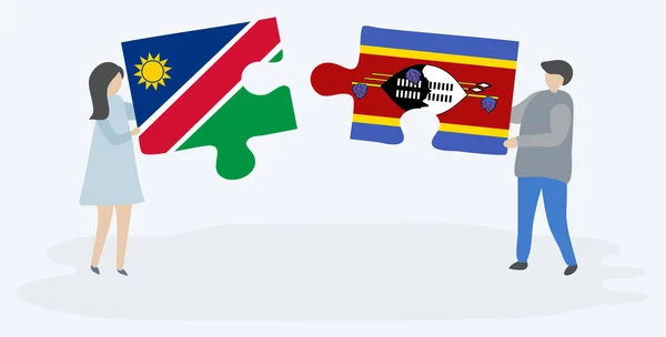 Casal Segurando Duas Peças Quebra Cabeças Com Bandeiras Namíbia Suazi —  Vetores de Stock