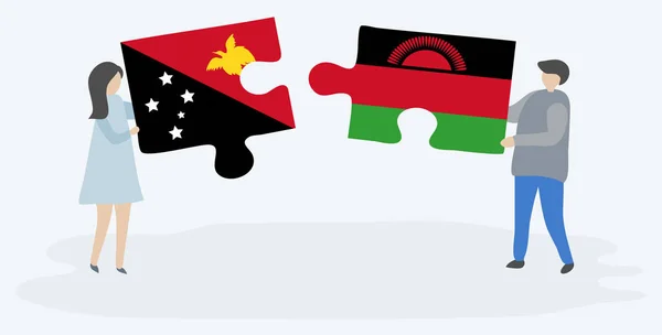 Casal Segurando Duas Peças Quebra Cabeças Com Bandeiras Papuan Malawian —  Vetores de Stock