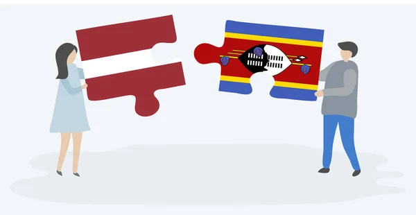Paar Houden Twee Puzzels Stukken Met Letse Swazi Vlaggen Nationale — Stockvector