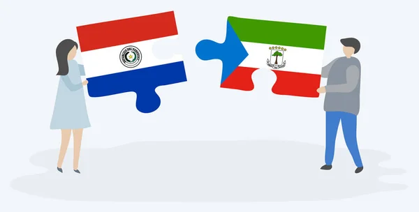 Para Trzyma Dwa Kawałki Puzzli Paragwaju Równikowej Flagi Gwinejskie Paragwaj — Wektor stockowy