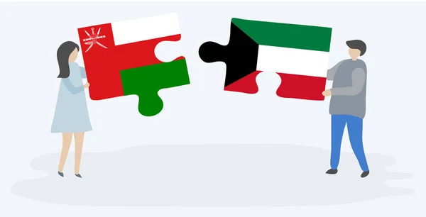 Para Trzyma Dwa Kawałki Puzzli Omani Flagi Kuwaiti Oman Kuwejt — Wektor stockowy