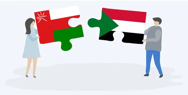 Para Trzyma Dwa Kawałki Puzzli Omani Sudanu Flagi Symbole Narodowe — Wektor stockowy