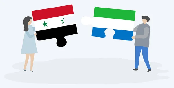 Paar Houden Twee Puzzels Stukken Met Syrische Sierra Leonean Vlaggen — Stockvector