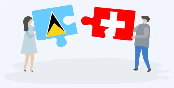 Пара Держащая Две Головоломки Флагами Сент Люсии Швейцарии Государственные Символы — стоковый вектор